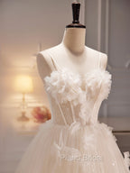 A-Line Tulle Flower Light Champagne Long Formal Prom Dresses, Shiny Formal Dresses