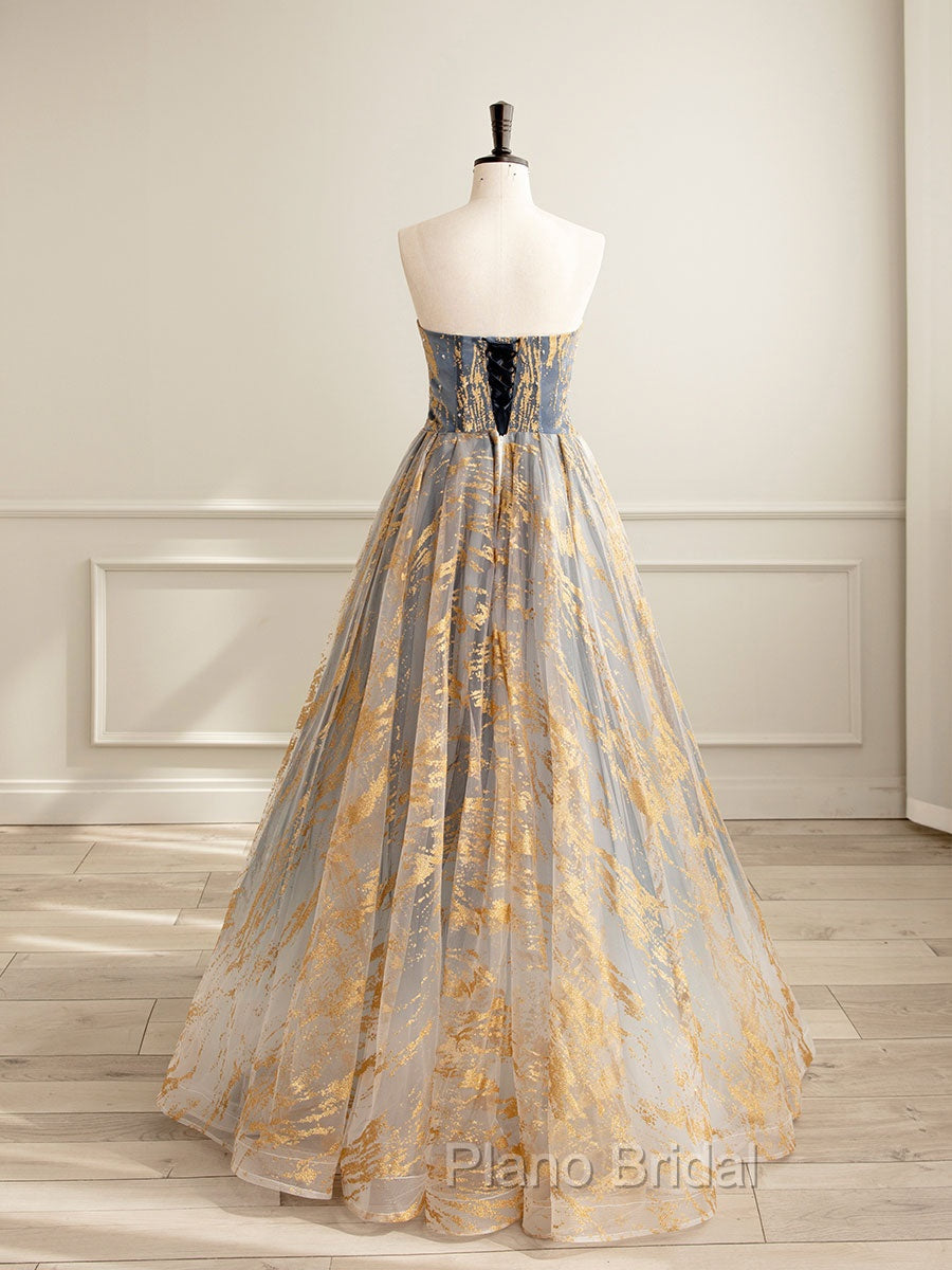A-Line Tulle Gold/Blue Long Formal Prom Dresses, Blue Formal Evening Dresses Secondary image