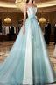 A-Line Tulle Green Long Formal Prom Dresses, Green Graduation Dresses with Sweep Train