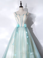 A-Line Tulle Green Long Formal Prom Dresses, Green Graduation Dresses with Sweep Train