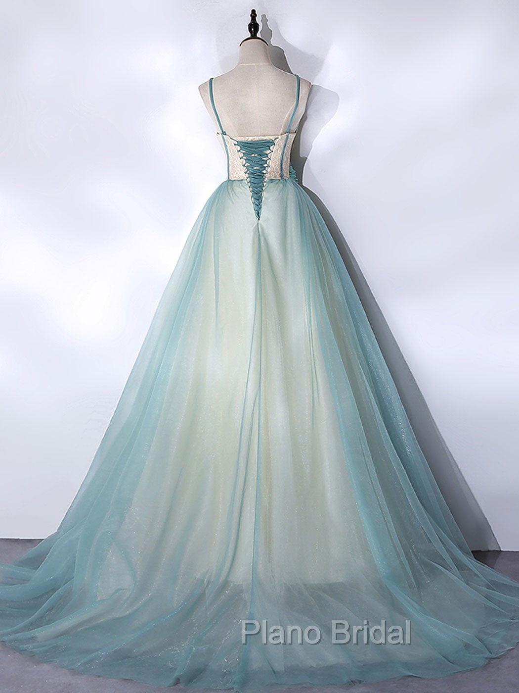 A-Line Tulle Green Long Formal Prom Dresses, Green Graduation Dresses with Sweep Train
