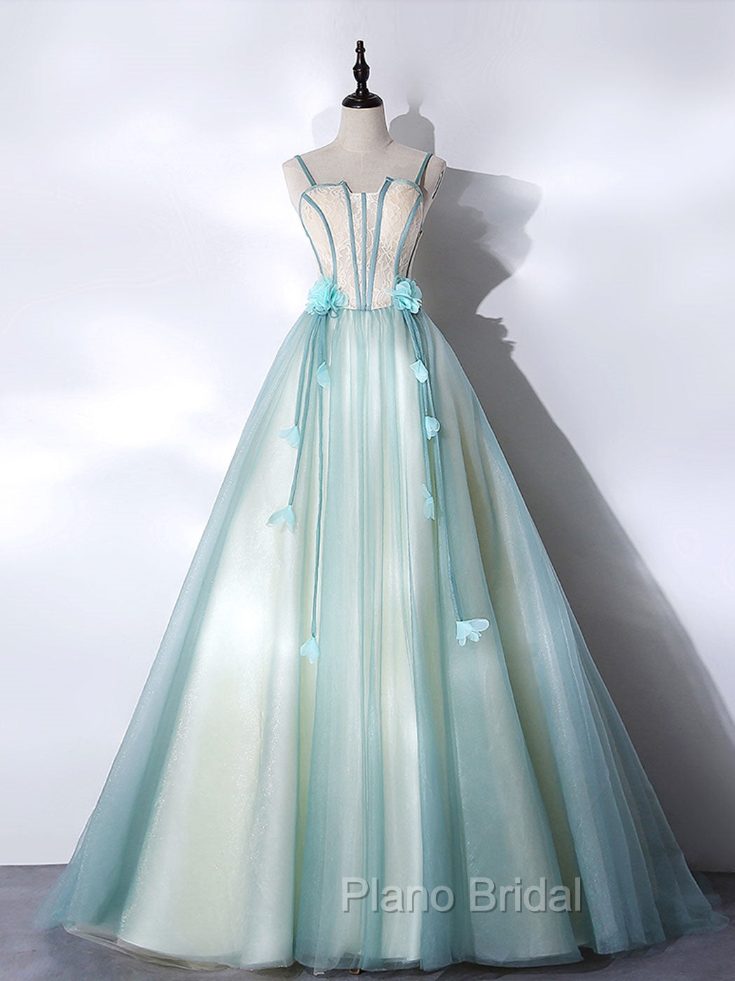 A-Line Tulle Green Long Formal Prom Dresses, Green Graduation Dresses with Sweep Train Main image