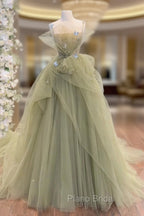 A-Line  Tulle Green Long Formal Prom Dresses, Green Tulle Long Sweet 16 Dresses