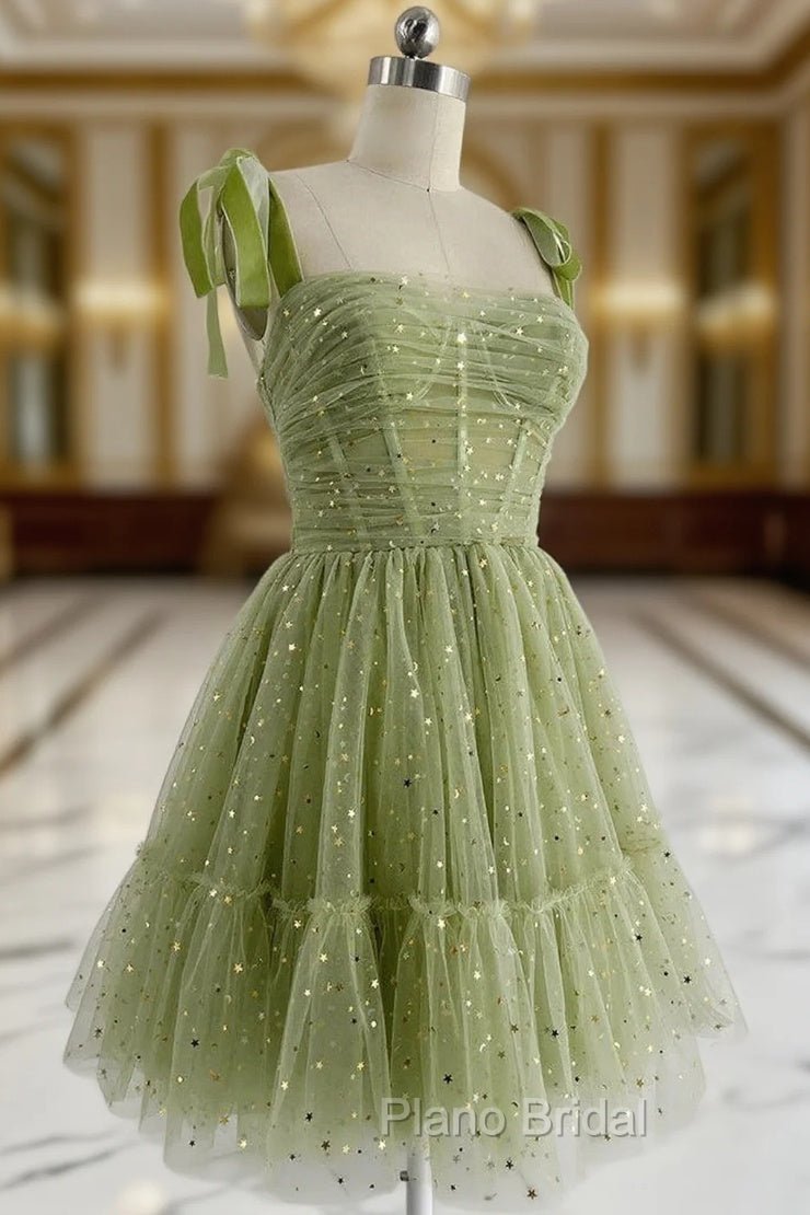 A-Line Tulle Green Short Formal Prom Dresses, Cute Green Homecoming Dresses Main image