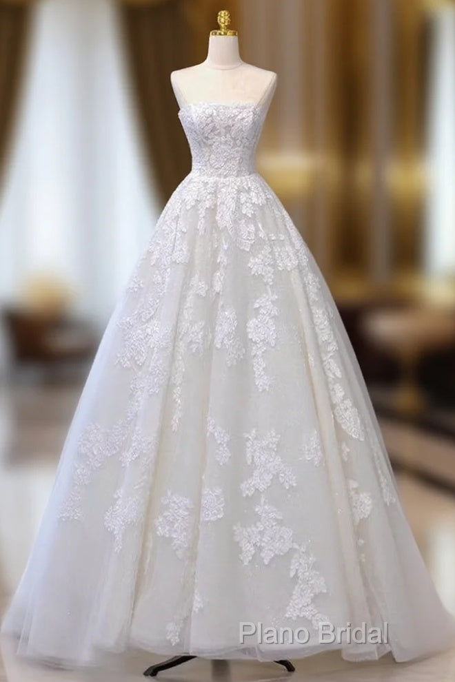 A-Line Tulle Lace Beige Long Formal Prom Dresses, Beige Long Formal Dresses Main image