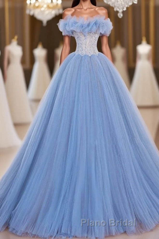 A-Line Tulle Lace Blue Long Formal Prom Dress, Blue Lace Long Formal Dress Main image