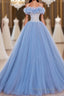 A-Line Tulle Lace Blue Long Formal Prom Dress, Blue Lace Long Formal Dress