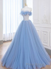 A-Line Tulle Lace Blue Long Formal Prom Dress, Blue Lace Long Formal Dress