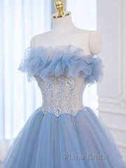 A-Line Tulle Lace Blue Long Formal Prom Dress, Blue Lace Long Formal Dress