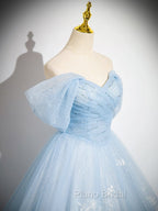 A-Line Tulle Lace Blue Long Formal Prom Dresses, Off Shoulder Blue Long Sweet 16 Dresses