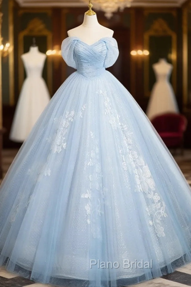 A-Line Tulle Lace Blue Long Formal Prom Dresses, Off Shoulder Blue Long Sweet 16 Dresses Main image