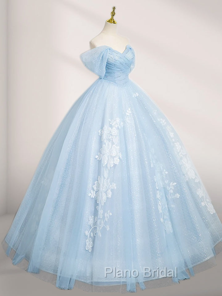 A-Line Tulle Lace Blue Long Formal Prom Dresses Off Shoulder Sky Blue Dresses