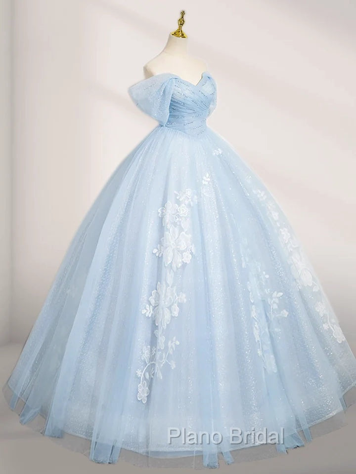 A-Line Tulle Lace Blue Long Formal Prom Dresses Off Shoulder Sky Blue Dresses
