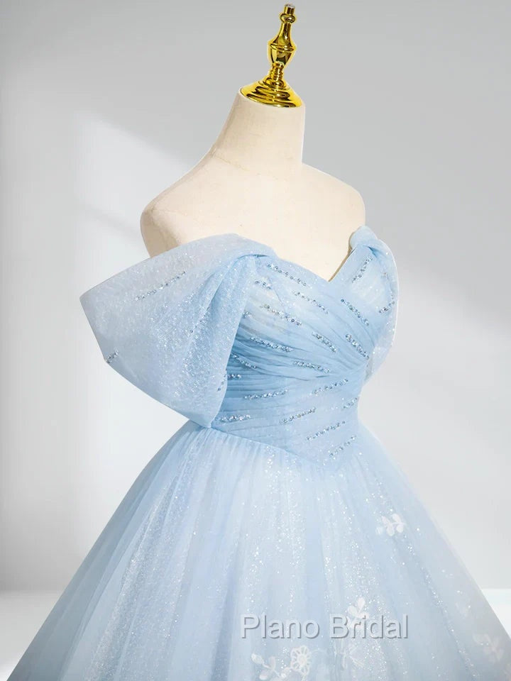 A-Line Tulle Lace Blue Long Formal Prom Dresses Off Shoulder Sky Blue Dresses