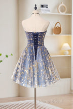 A-Line Tulle Lace Blue Short Formal Prom Dresses, Cute Blue Homecoming Dresses