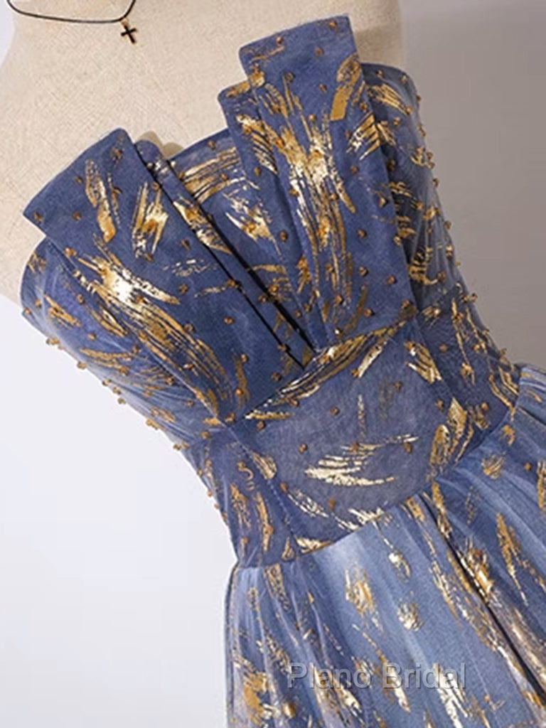 A-Line Tulle Lace Blue Short Formal Prom Dresses, Cute Blue Homecoming Dresses