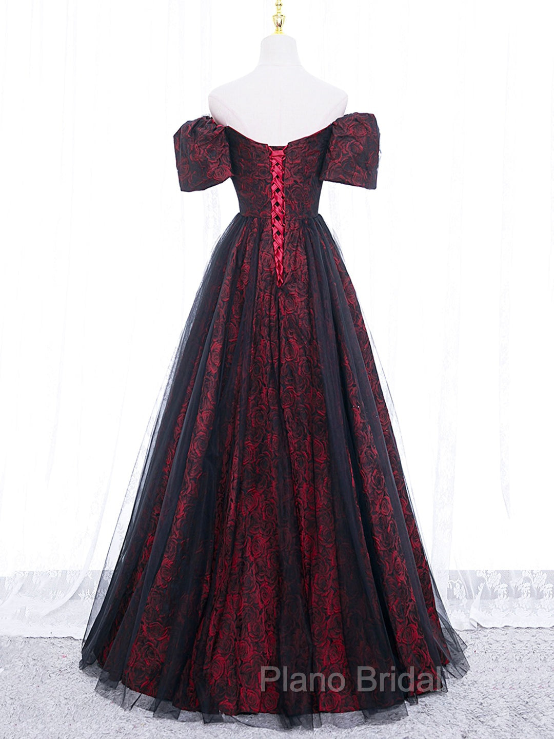 A-Line Tulle Lace Burgundy Long Formal Prom Dresses, Burgundy Long Formal Dresses Secondary image