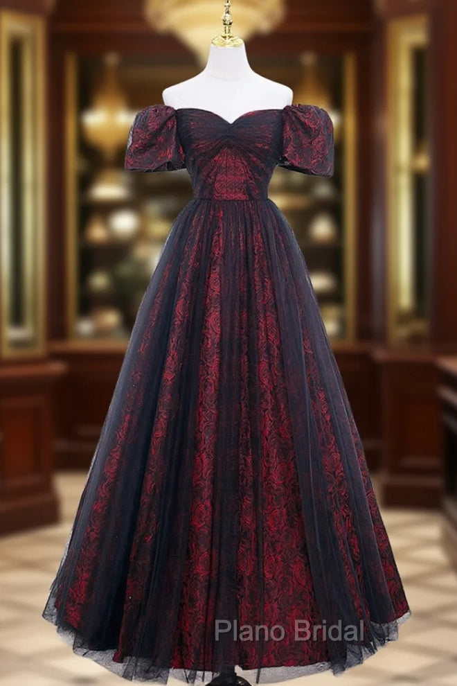 A-Line Tulle Lace Burgundy Long Formal Prom Dresses, Burgundy Long Formal Dresses Main image