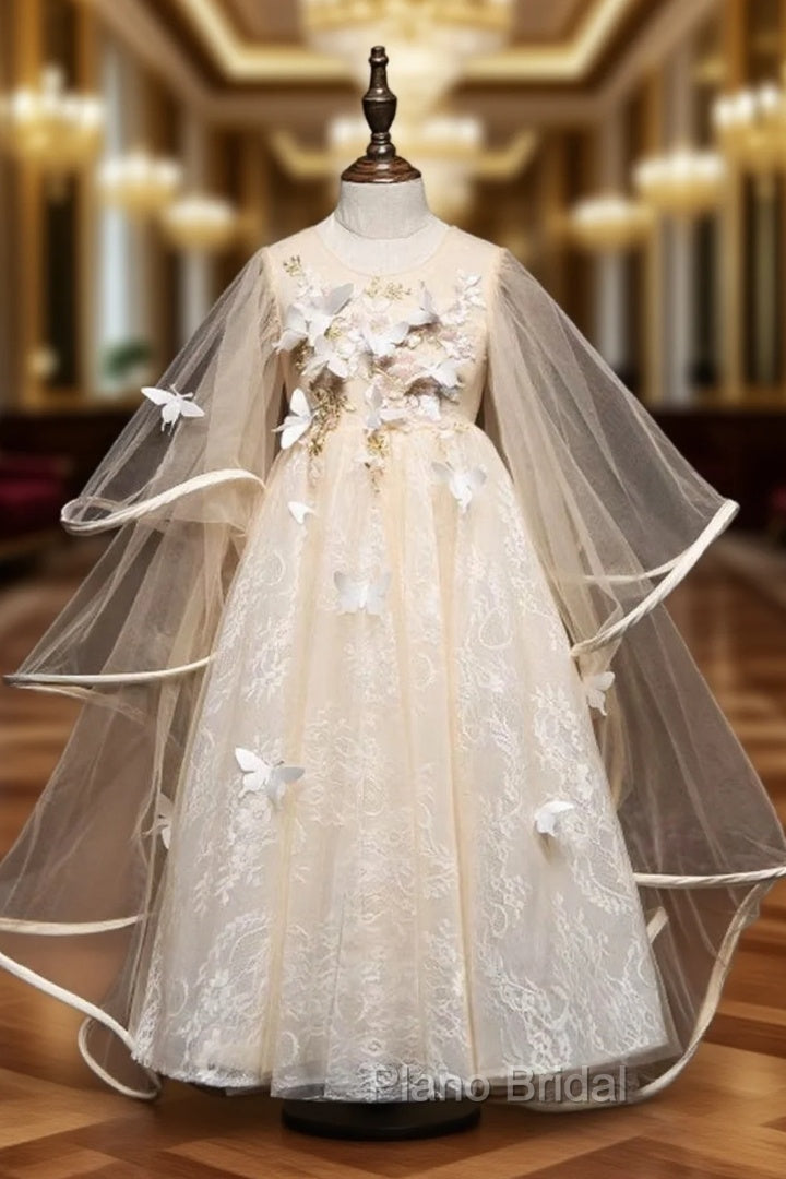 A-Line Tulle Lace Butterfly Champagne Flower Girl Dresses Main image