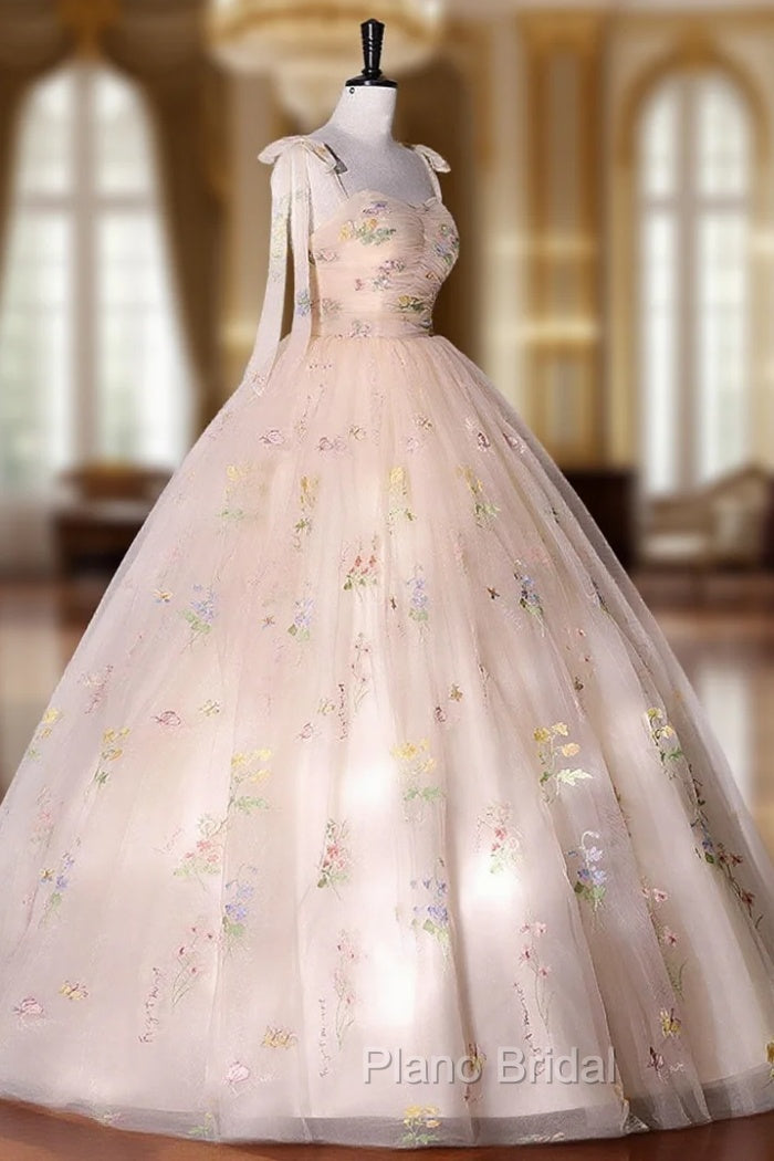 A-Line Tulle Lace Champagne Long Formal Prom Dresses, Champagne Formal Sweet 16 Dresses Main image