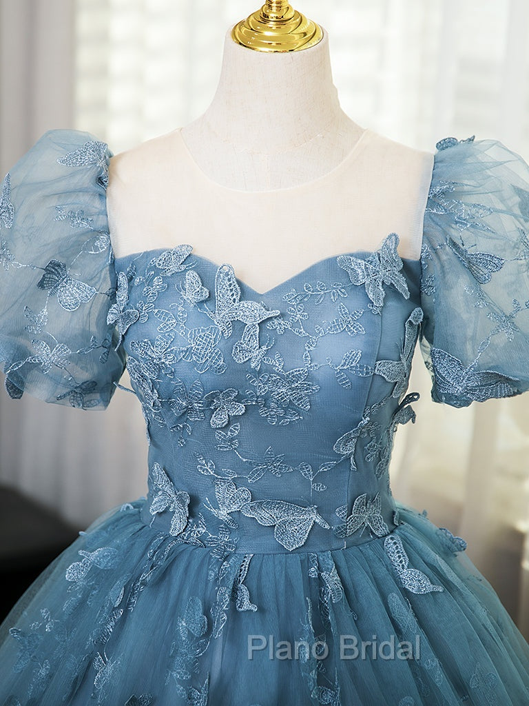 A-Line Tulle Lace Gray Blue Long Formal Prom Dresses, Gray Blue Long Sweet 16 Dresses