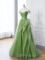 A-Line Tulle Lace Green Long Formal Prom Dresses, Green lace Long Formal Dresses
