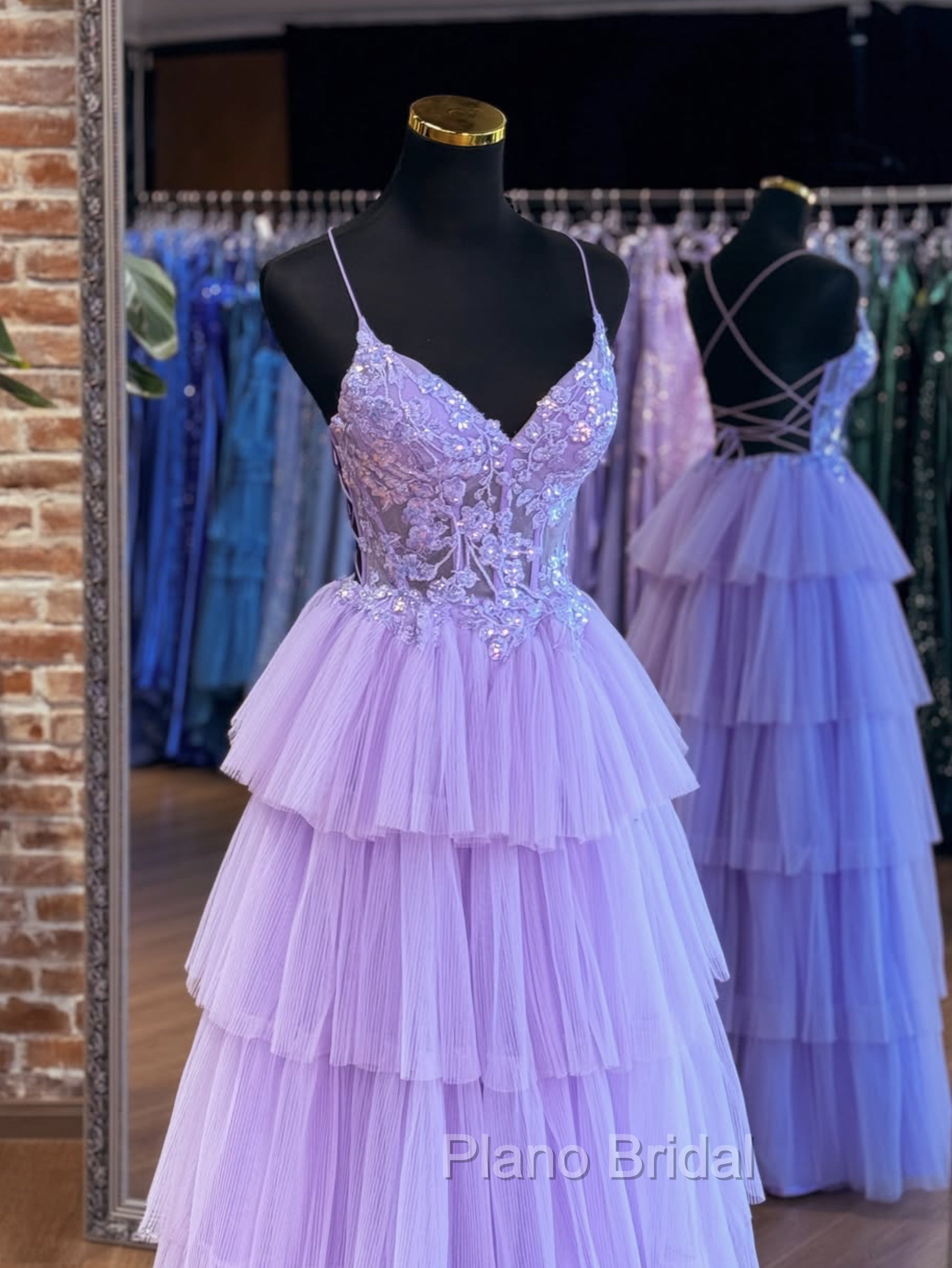 A-Line Tulle Lace Purple Long Formal Prom Dresses, Purple Long Formal Dresses
