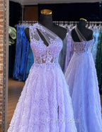 A-Line Tulle Lace Purple Long Formal Prom Dresses, Purple Long Formal Dresses