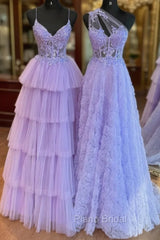 A-Line Tulle Lace Purple Long Formal Prom Dresses, Purple Long Formal Dresses