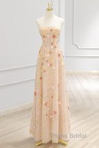 A-Line Tulle Lace Sequin Champagne Long Formal Prom Dresses, Champagne Long Formal Dresses