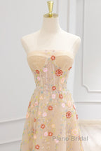 A-Line Tulle Lace Sequin Champagne Long Formal Prom Dresses, Champagne Long Formal Dresses