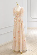 A-Line Tulle Lace Sequin Champagne Long Formal Prom Dresses, Champagne Long Formal Dresses