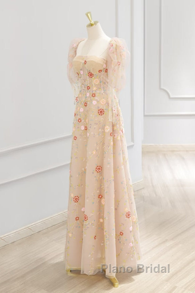 A-Line Tulle Lace Sequin Champagne Long Formal Prom Dresses, Champagne Long Formal Dresses