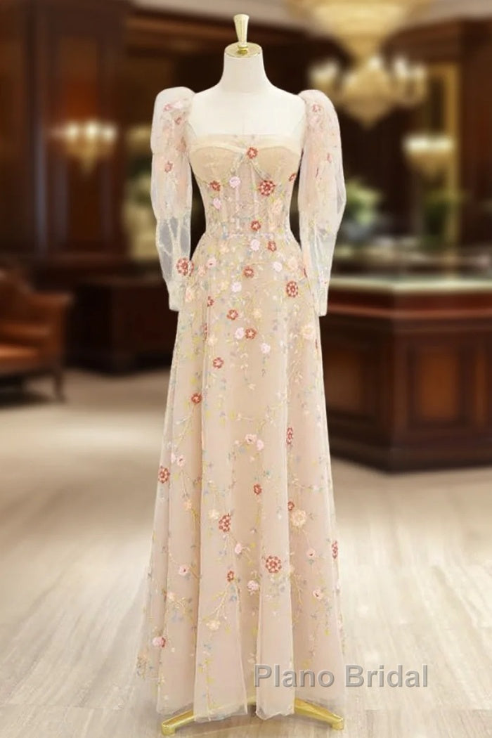 A-Line Tulle Lace Sequin Champagne Long Formal Prom Dresses, Champagne Long Formal Dresses