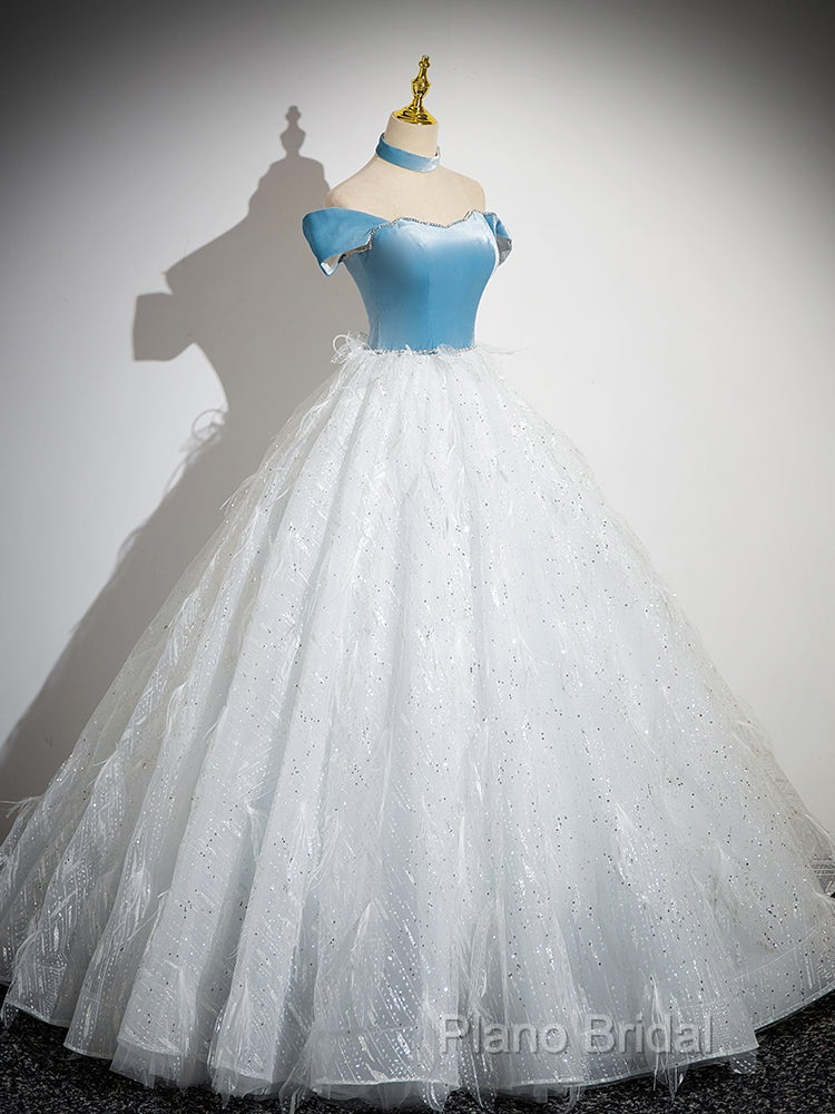 A-Line Tulle Lace White/Blue Long Formal Prom Dresses, White/Blue Long Formal Dresses