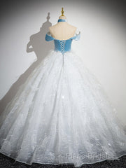 A-Line Tulle Lace White/Blue Long Formal Prom Dresses, White/Blue Long Formal Dresses