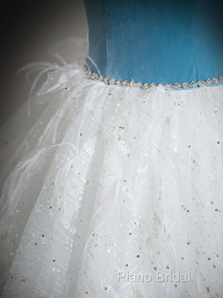 A-Line Tulle Lace White/Blue Long Formal Prom Dresses, White/Blue Long Formal Dresses