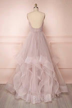 A-Line Tulle Layers Long Formal Dresses, Cute V-Neck Evening Party Dresses