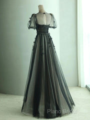 A Line Tulle Long Formal Prom Dresses Black Formal Dresses