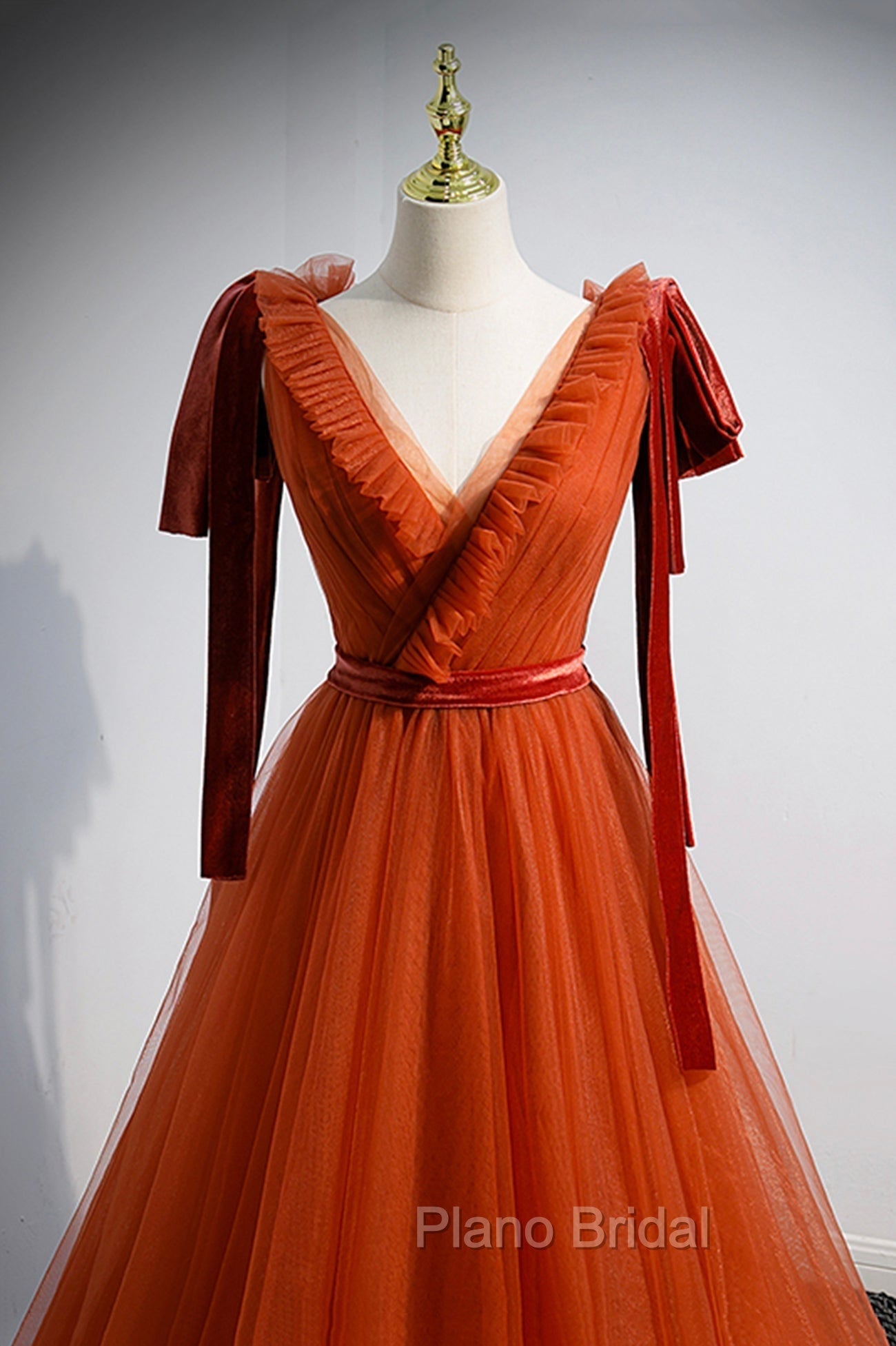 A-Line Tulle Long Formal Prom Dresses, Orange V-Neck Long Simple Evening Dresses Secondary image