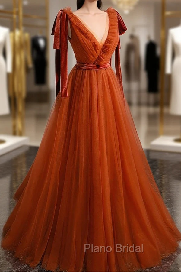 A-Line Tulle Long Formal Prom Dresses, Orange V-Neck Long Simple Evening Dresses