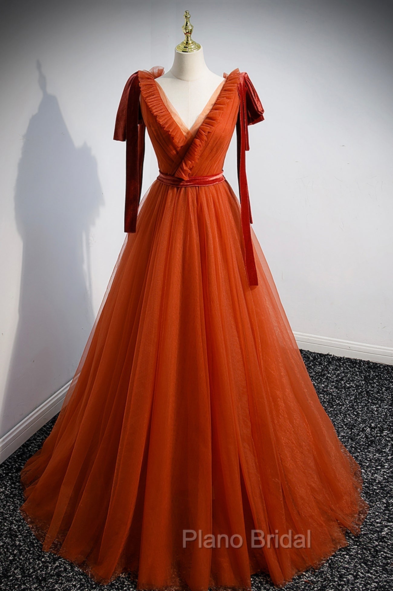A-Line Tulle Long Formal Prom Dresses, Orange V-Neck Long Simple Evening Dresses Main image