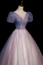 A-Line Tulle Long Formal Prom Dresses with Beaded, Blue Short Sleeve Evening Dresses