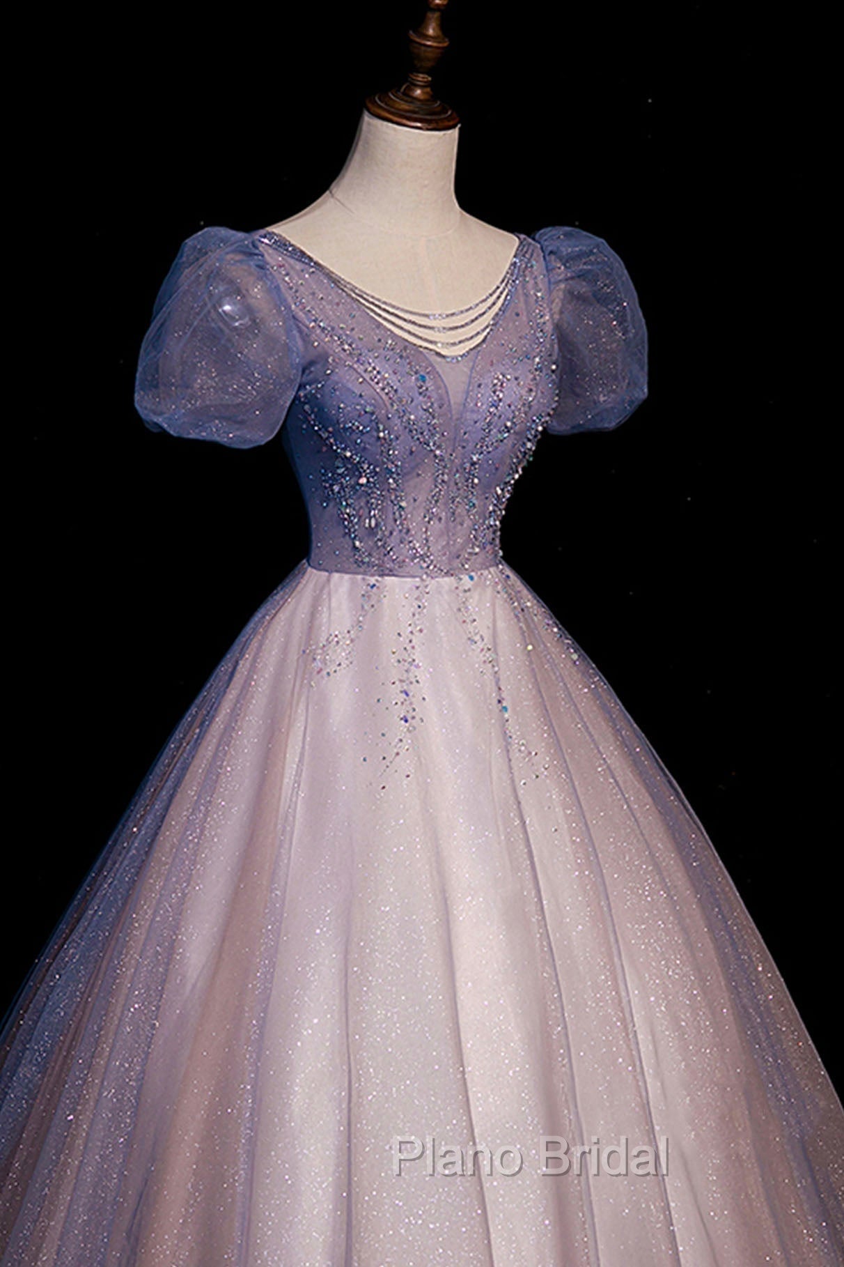 A-Line Tulle Long Formal Prom Dresses with Beaded, Blue Short Sleeve Evening Dresses