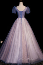 A-Line Tulle Long Formal Prom Dresses with Beaded, Blue Short Sleeve Evening Dresses