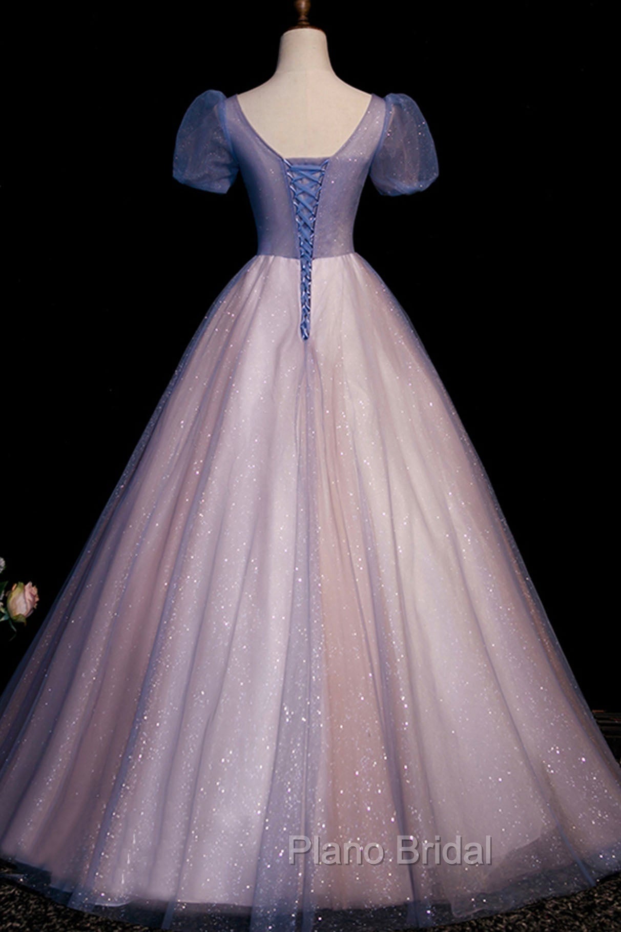 A-Line Tulle Long Formal Prom Dresses with Beaded, Blue Short Sleeve Evening Dresses