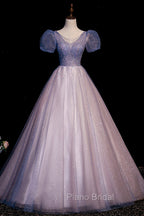 A-Line Tulle Long Formal Prom Dresses with Beaded, Blue Short Sleeve Evening Dresses