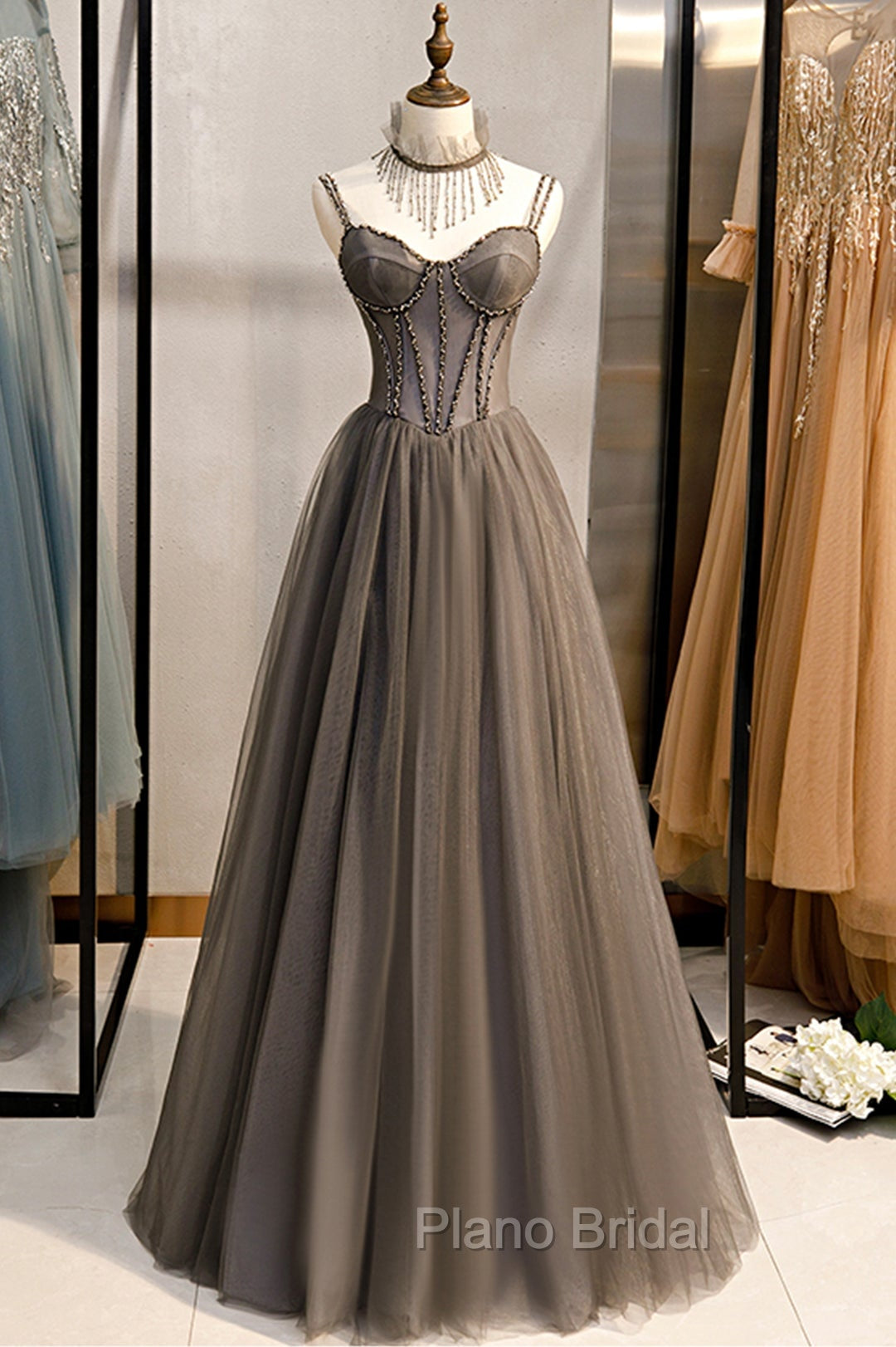 A-Line Tulle Long Formal Prom Dresses with Beading, Cute Evening Party Dresses