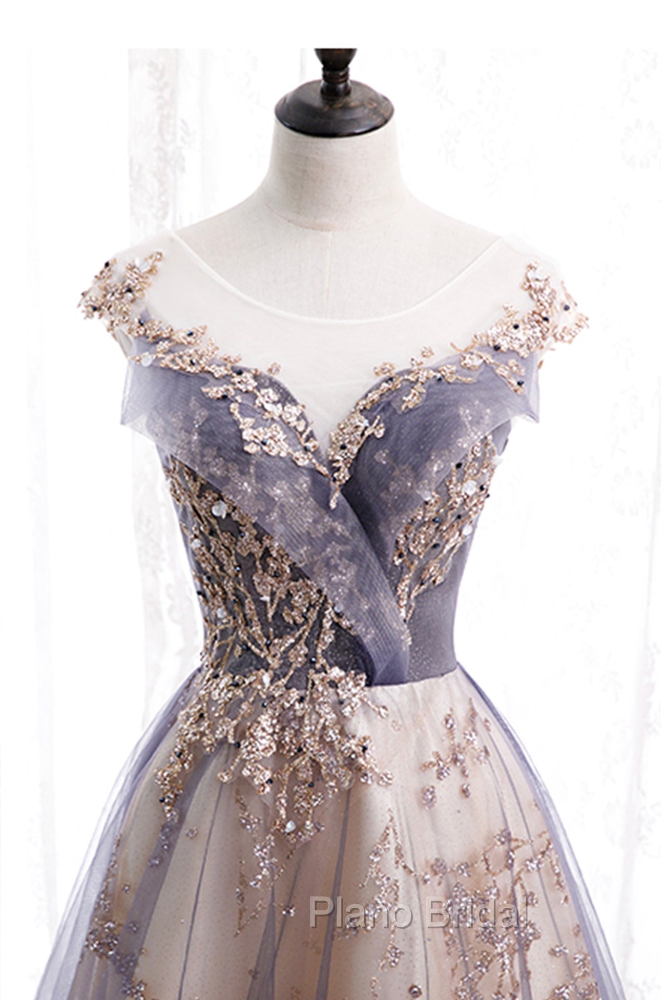 A-Line Tulle Long Formal Prom Dresses with Sequins, Cute Scoop Neckline Evening Dresses Secondary image