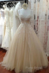A Line Tulle Long Formal Prom Straps Sweetheart Lace Appliques Wedding Dresses
